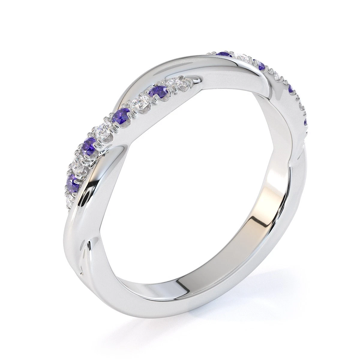 The Cosmic Weave: Iolite & Moissanite Twisted Band