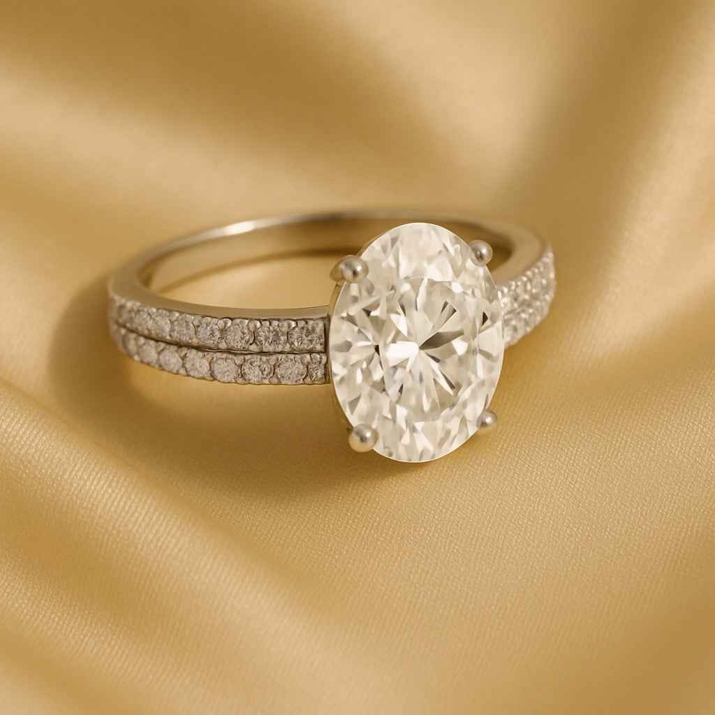 The Double Row Radiance: 1.50ct Oval Moissanite Engagement Ring