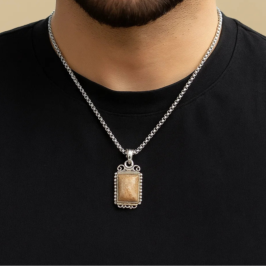 925 Sterling Silver Handmade Rectangle Gemstone Fossil Coral Pendant