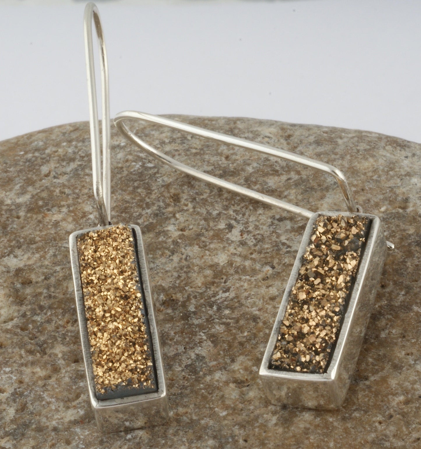 Solid 925 Sterling Silver Titanium Gold Drusy  Earring in Rectangle Shape Drusy, Birthday, Anniversary, Women, Girls, Simple / Gift for Her
