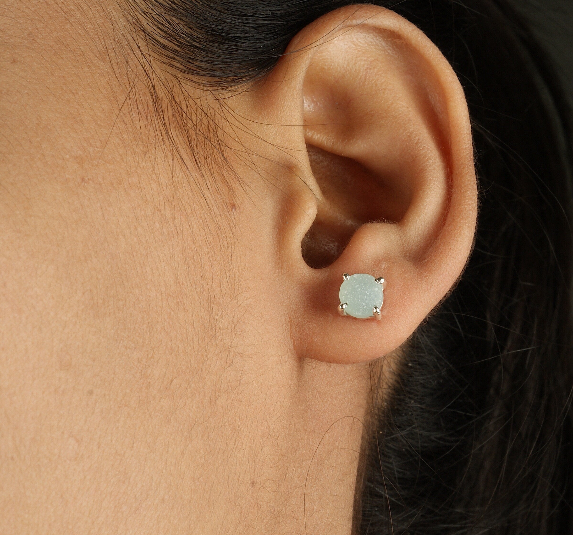 925 Sterling Silver Natural Aqua Drusy Stud Earring with Pushback