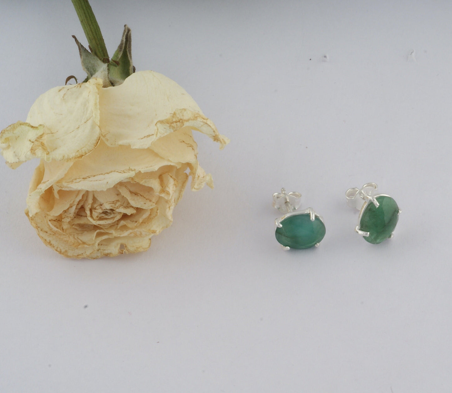 Solid 925 Sterling Silver Genuine Zambia Emerald Stud Earring with Pushbacks. Handmade, Wedding Anniversary & Birthday Gift. May Birthstone