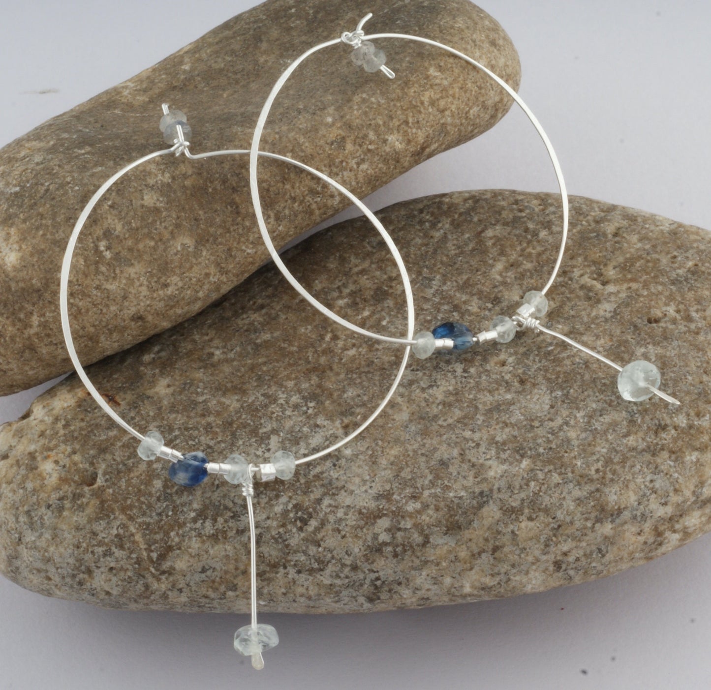 Silver Aquamarine & Kynite Beads Hoop Earring in Silver finish, Gift for her , Birthday, Anniversary, Mothers Day, Women Solid 925 Sterling