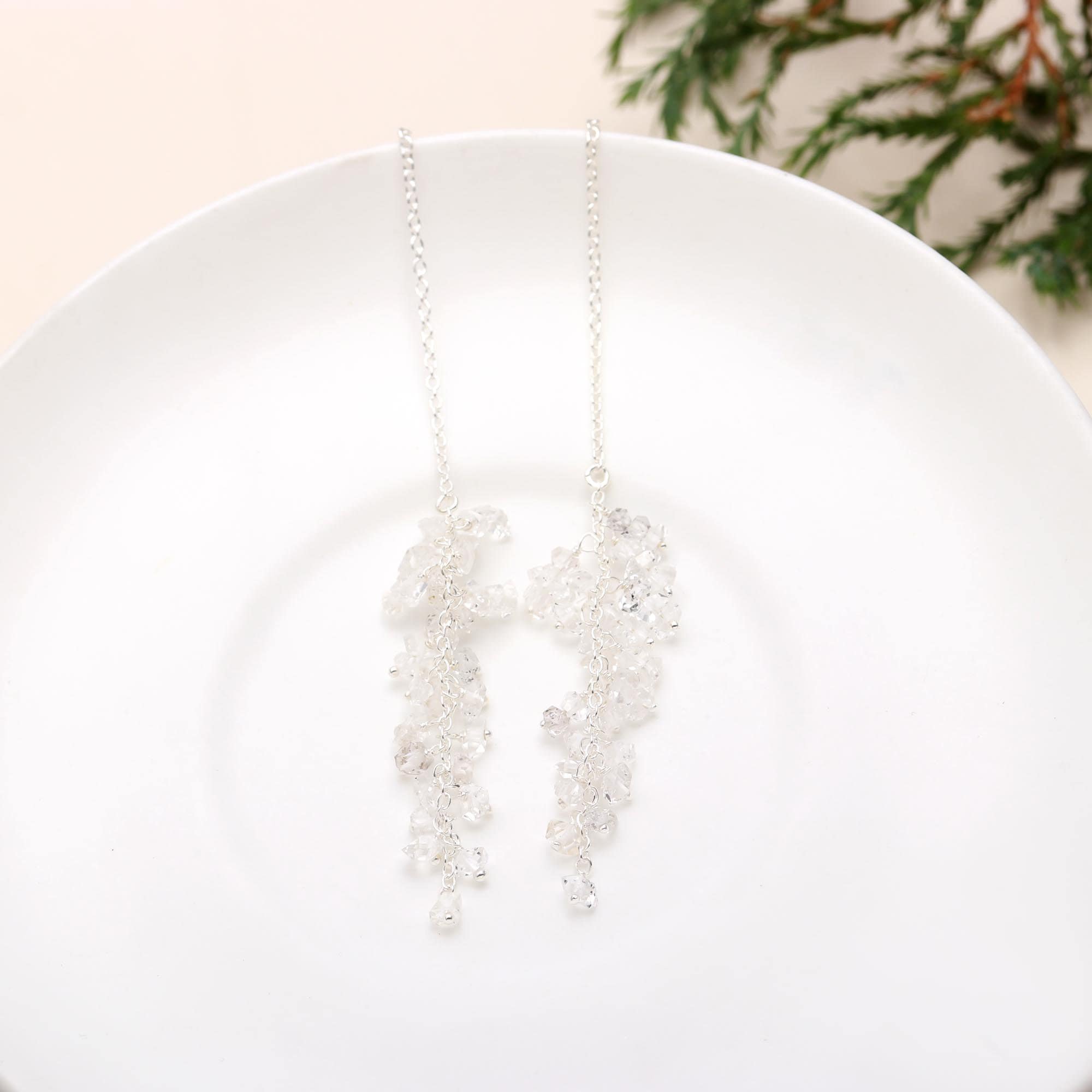 The Glacial Cascade: Herkimer Diamond Cluster Threader Earrings