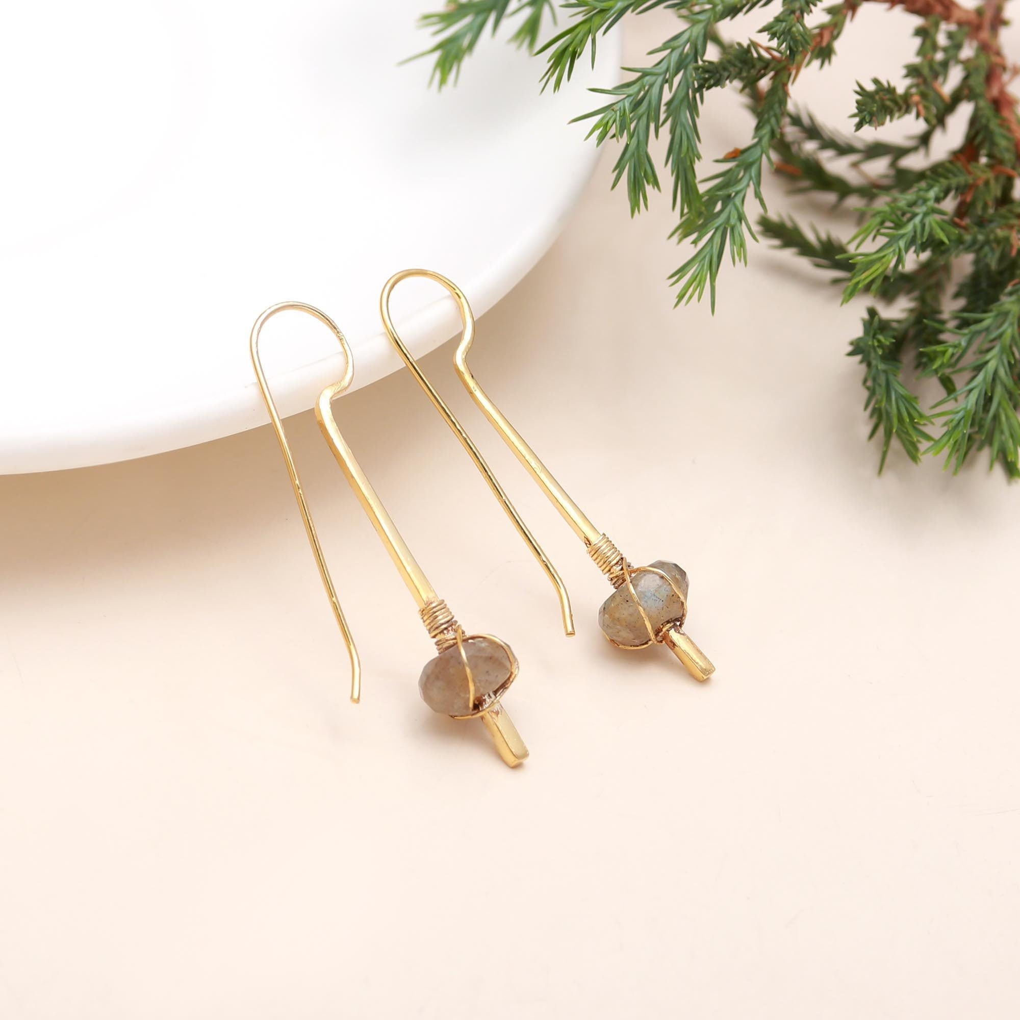 The Golden Meridian: Labradorite & Gold Bar Drop Earrings