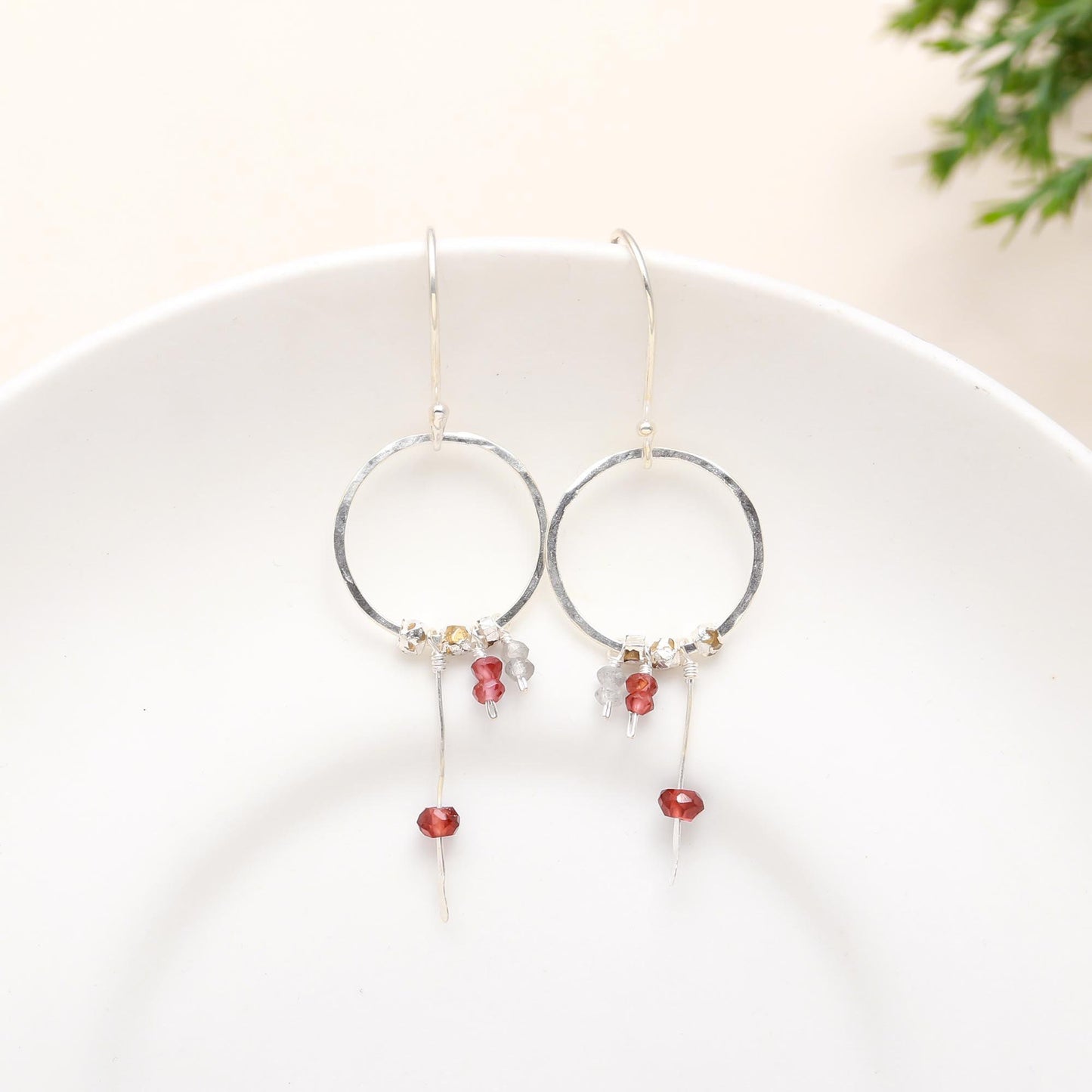 Silver Garnet Beads Hammered Earring Earwire Silver finish, Gift for her , Birthday, Anniversary, Mothers Day, Women Solid 925 Sterling