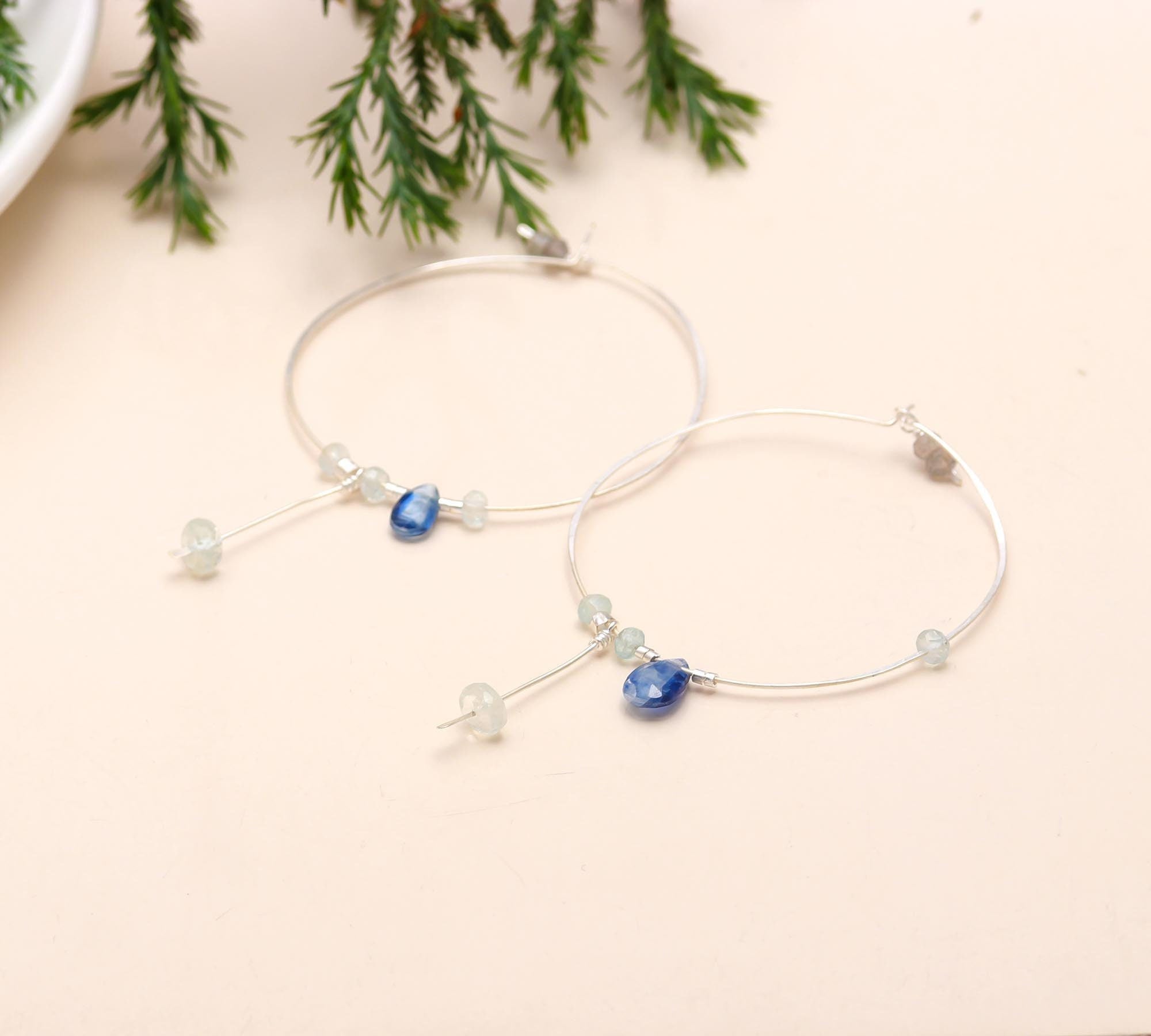 Aquamarine & Kyanite Bead Hoop Earrings
