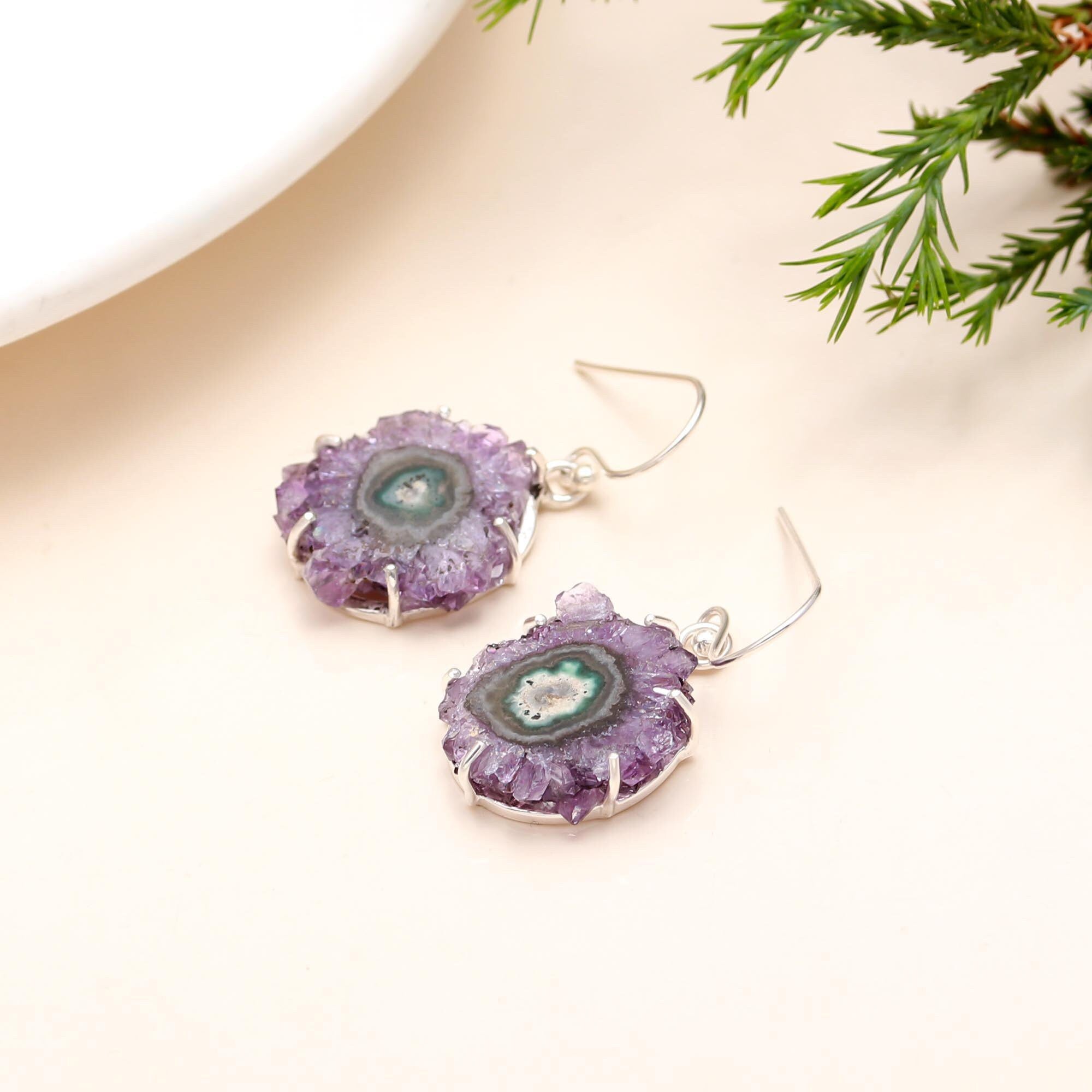 The Violet Cosmos: Amethyst Stalactite Slice Silver Earrings