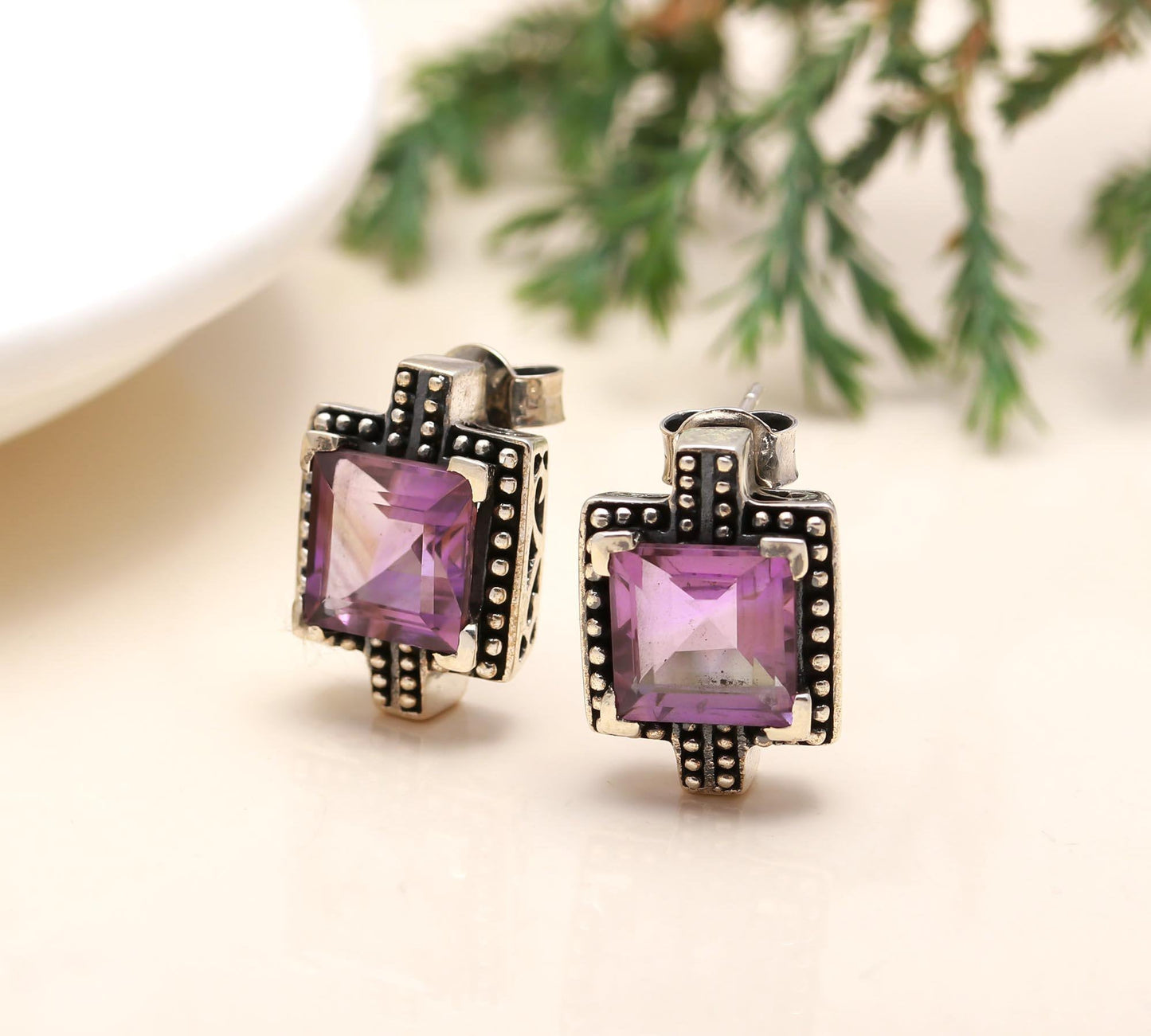 Solid 925 Sterling Silver Faceted Amethyst Stud Earrings in Square Shape, Handmade, Gift for Her / Birthday / Anniversary/Oxodised / Antique