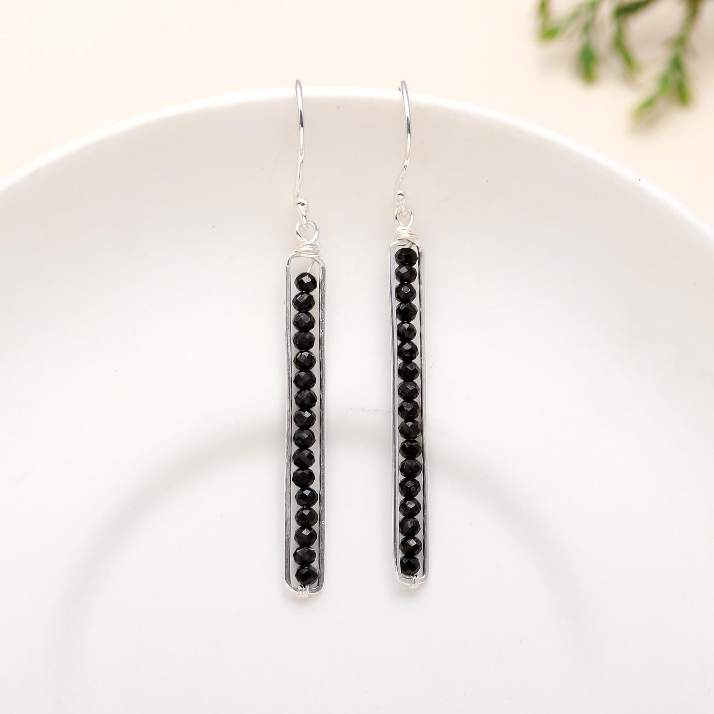Solid 925 Sterling Silver Peapod Black Onyx Faceted Round Beads Earrings, Handmade, Gift for Her / Birthday / Anniversary,/ Dangle Earwire