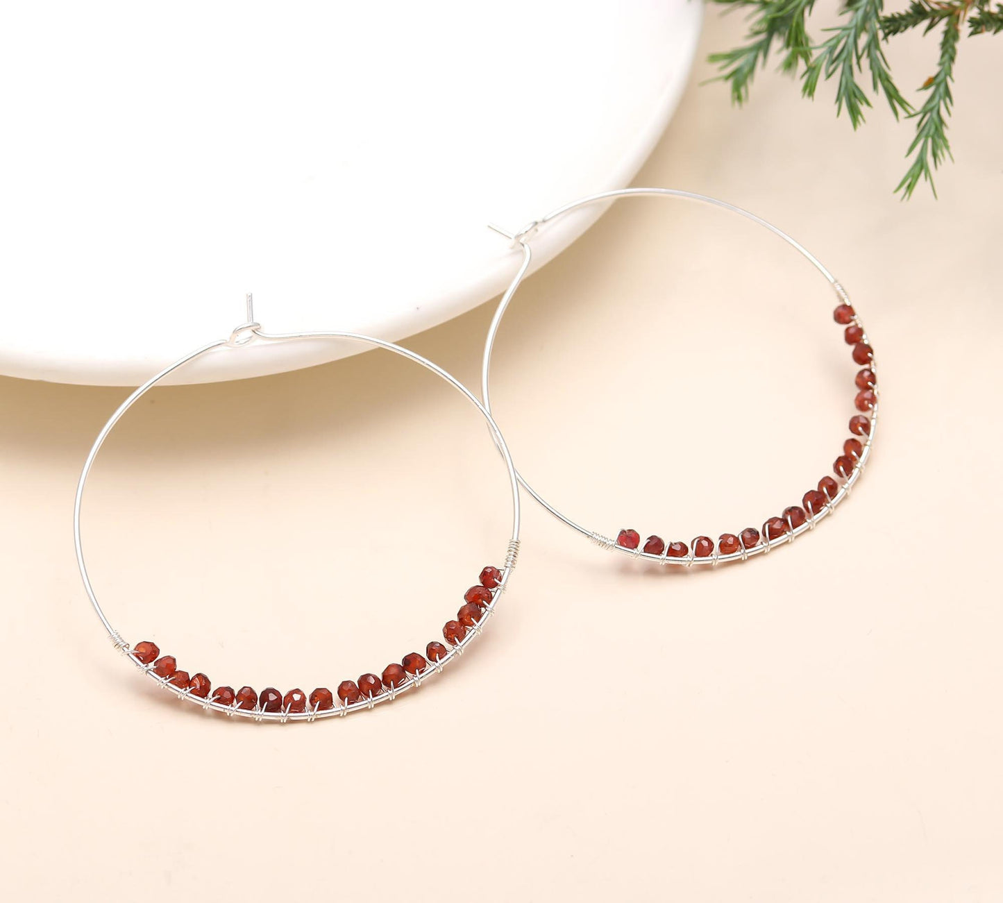 Solid 925 Sterling Silver Big Hoop Earring in Garnet Round Beads, Gift Birthday, Anniversary, Mothers Day, Christmas, Women, Girl