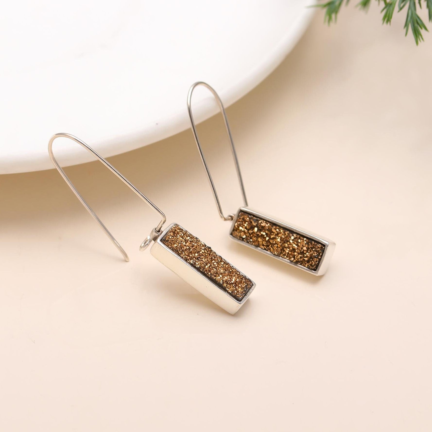 The Gilded Galaxy: Titanium Gold Drusy & Silver Bar Earrings