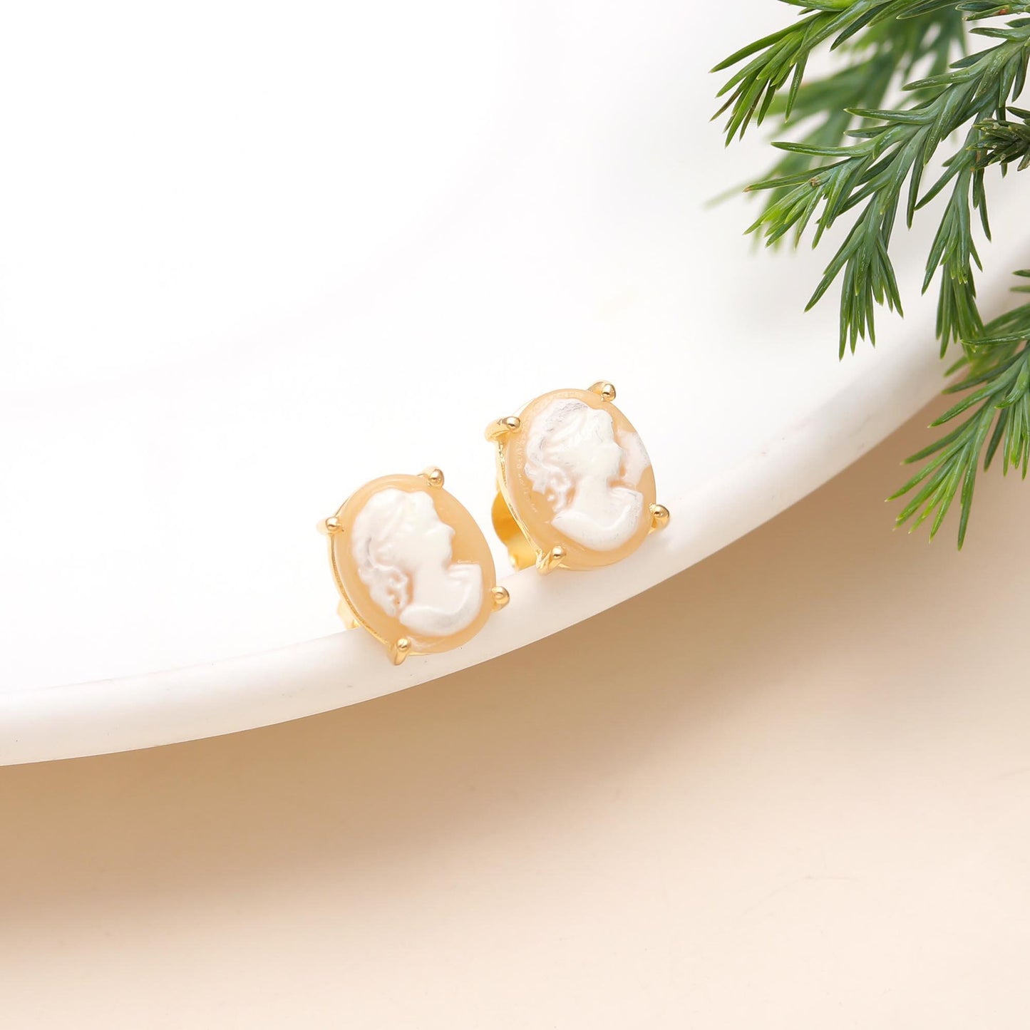 Solid 925 Sterling Silver Cameo Stud Earring with Pushback Gold Plating, Gift Birthday, Anniversary, Mothers Day, Christmas, Women, Girl