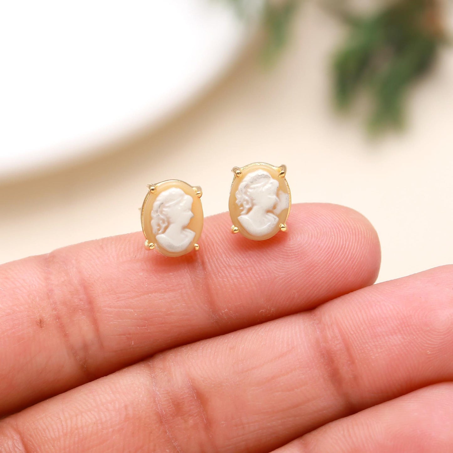 Solid 925 Sterling Silver Cameo Stud Earring with Pushback Gold Plating, Gift Birthday, Anniversary, Mothers Day, Christmas, Women, Girl