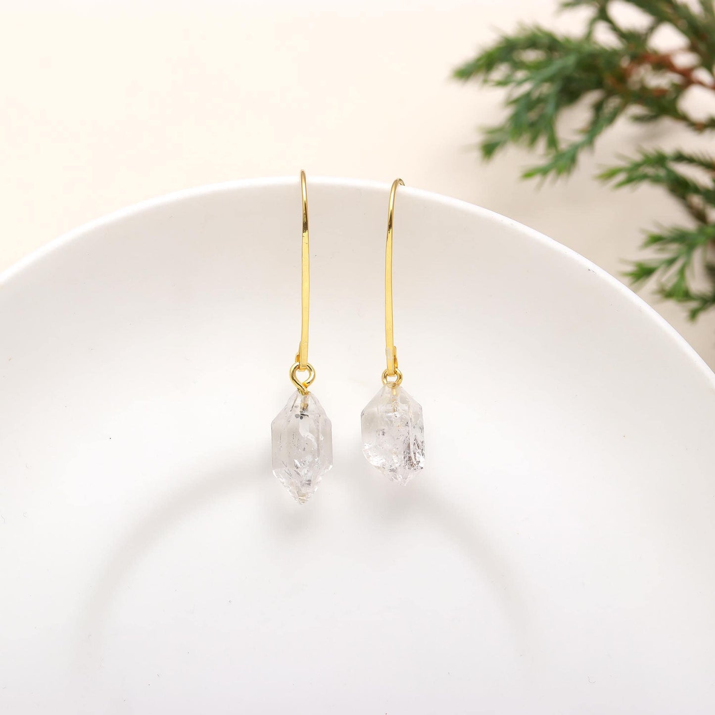 Natural Raw Herkimer Diamond Crystal Handmade Earrings, Solid 925 Silver, Gift for her, Anniversary, Silver, Gold Finish April Birthstone