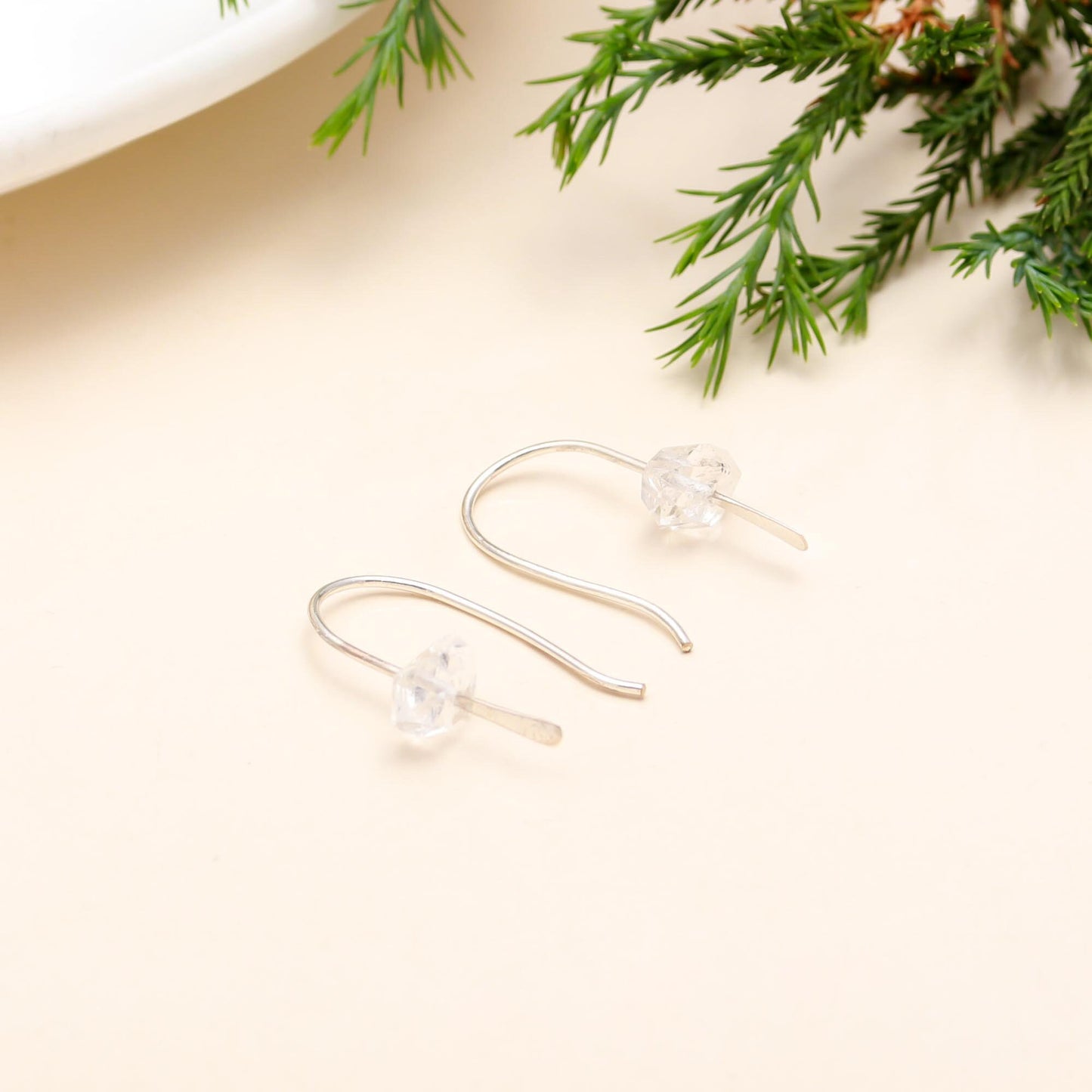Natural Raw Herkimer Diamond Crystal Handmade Earrings, Solid 925 Silver, Gift for her, Anniversary, Silver, Gold Finish April Birthstone