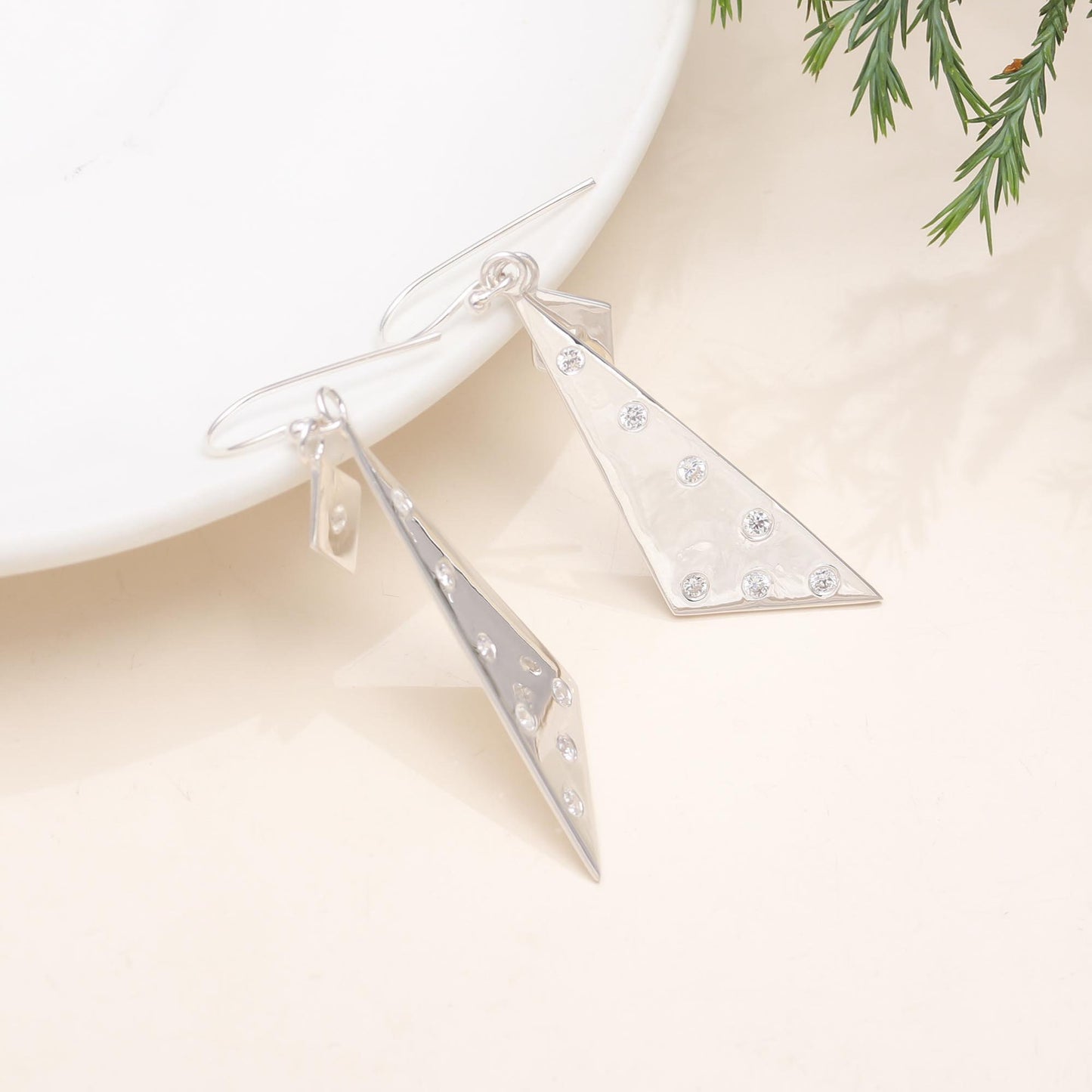 Solid 925 Sterling Silver Triangle Geometrical Dangle Earring Cubic Zirconia , Birthday/ Gift for her /  Anniversary, Designer, Woman, Girl,