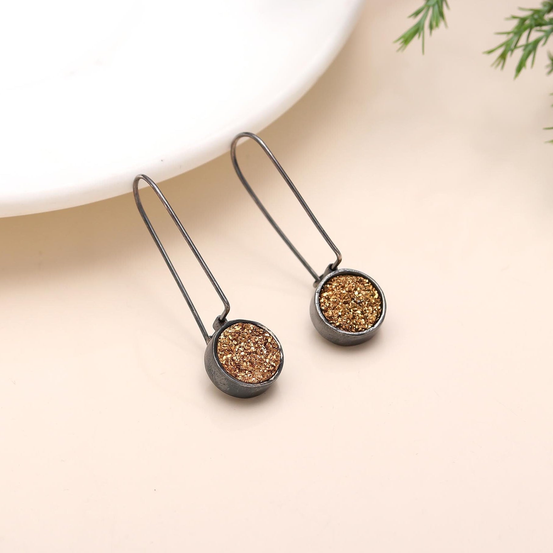 The Gilded Eclipse: Titanium Gold Drusy Oxidized Silver Earrings