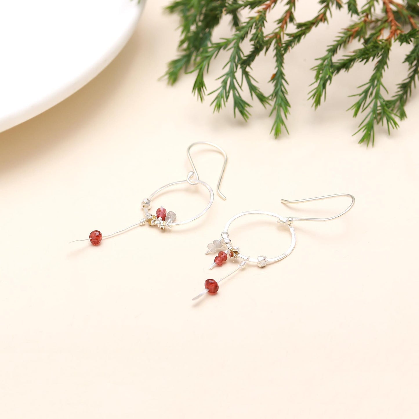 Silver Garnet Beads Hammered Earring Earwire Silver finish, Gift for her , Birthday, Anniversary, Mothers Day, Women Solid 925 Sterling