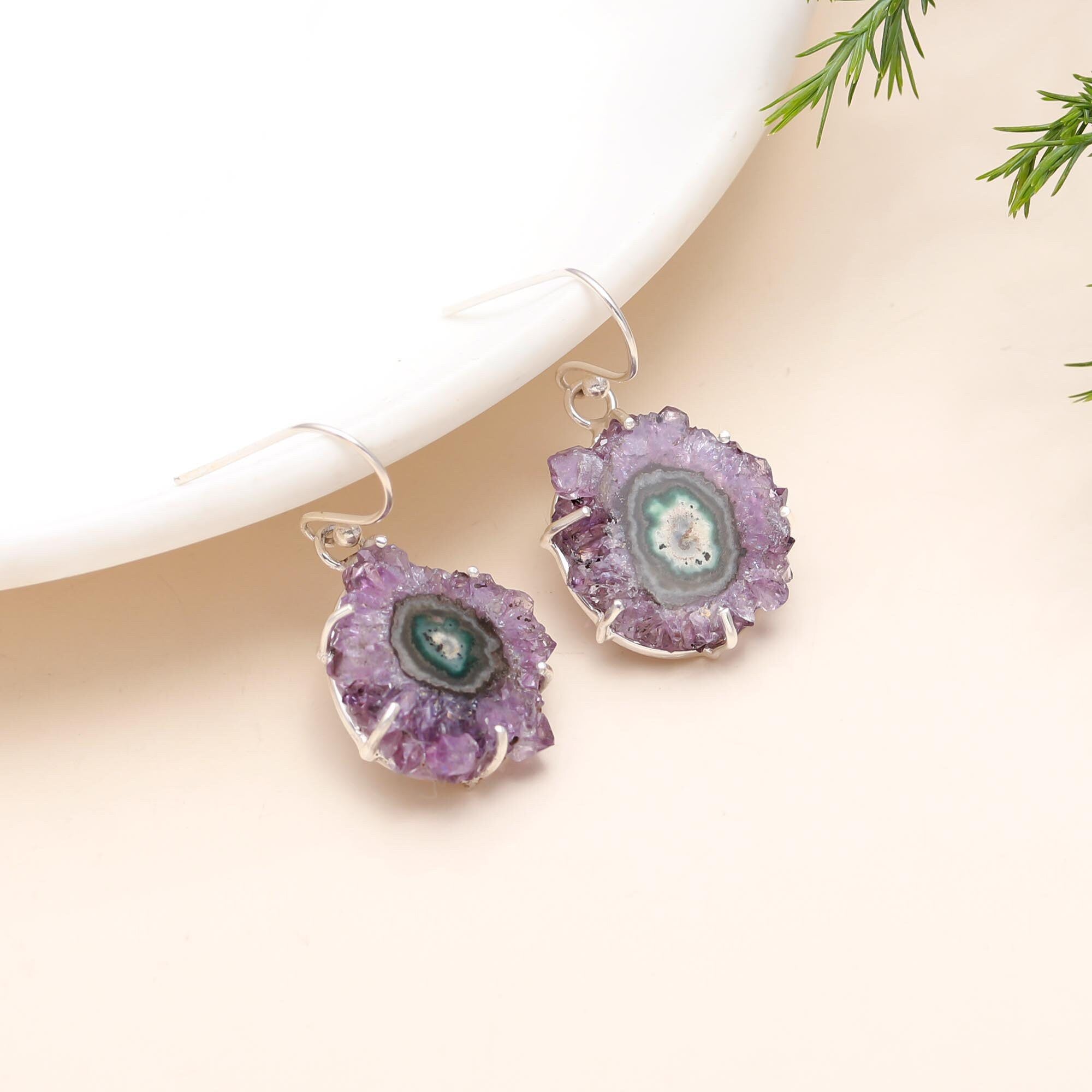 925 Sterling Silver Amethyst Druzy Stalactite Dangle Earrings