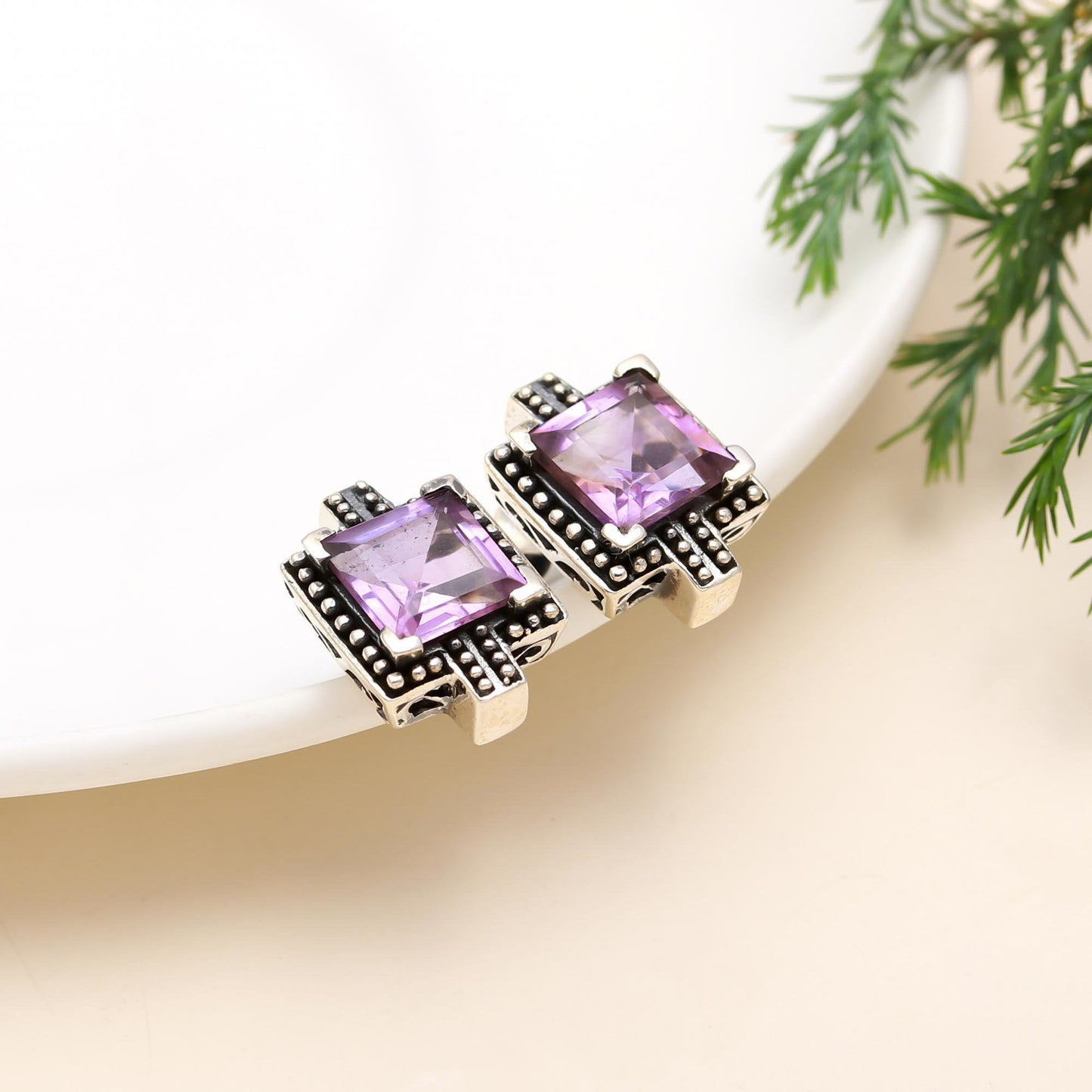Solid 925 Sterling Silver Faceted Amethyst Stud Earrings in Square Shape, Handmade, Gift for Her / Birthday / Anniversary/Oxodised / Antique