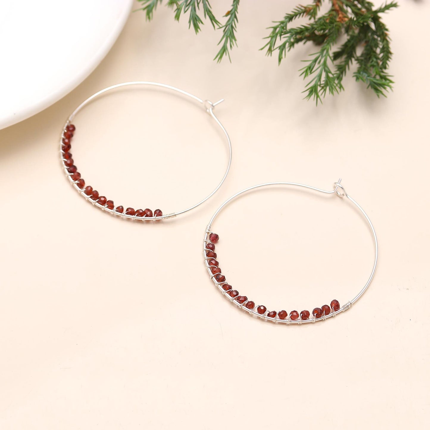 Solid 925 Sterling Silver Big Hoop Earring in Garnet Round Beads, Gift Birthday, Anniversary, Mothers Day, Christmas, Women, Girl