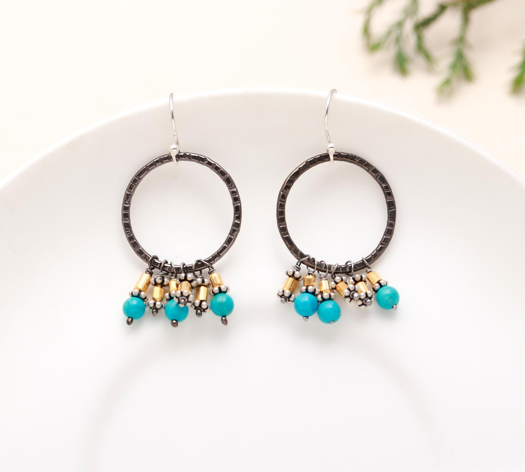 Solid 925 Sterling Silver Turquoise Beads Black Rhodium Earrings