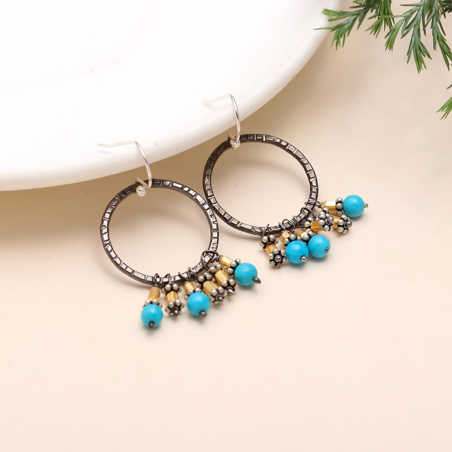 Solid 925 Sterling Silver Turquoise Beads Black Rhodium Earrings, Handmade, Designer, Gift / Birthday / Anniversary, Earwire / Black Rhodium