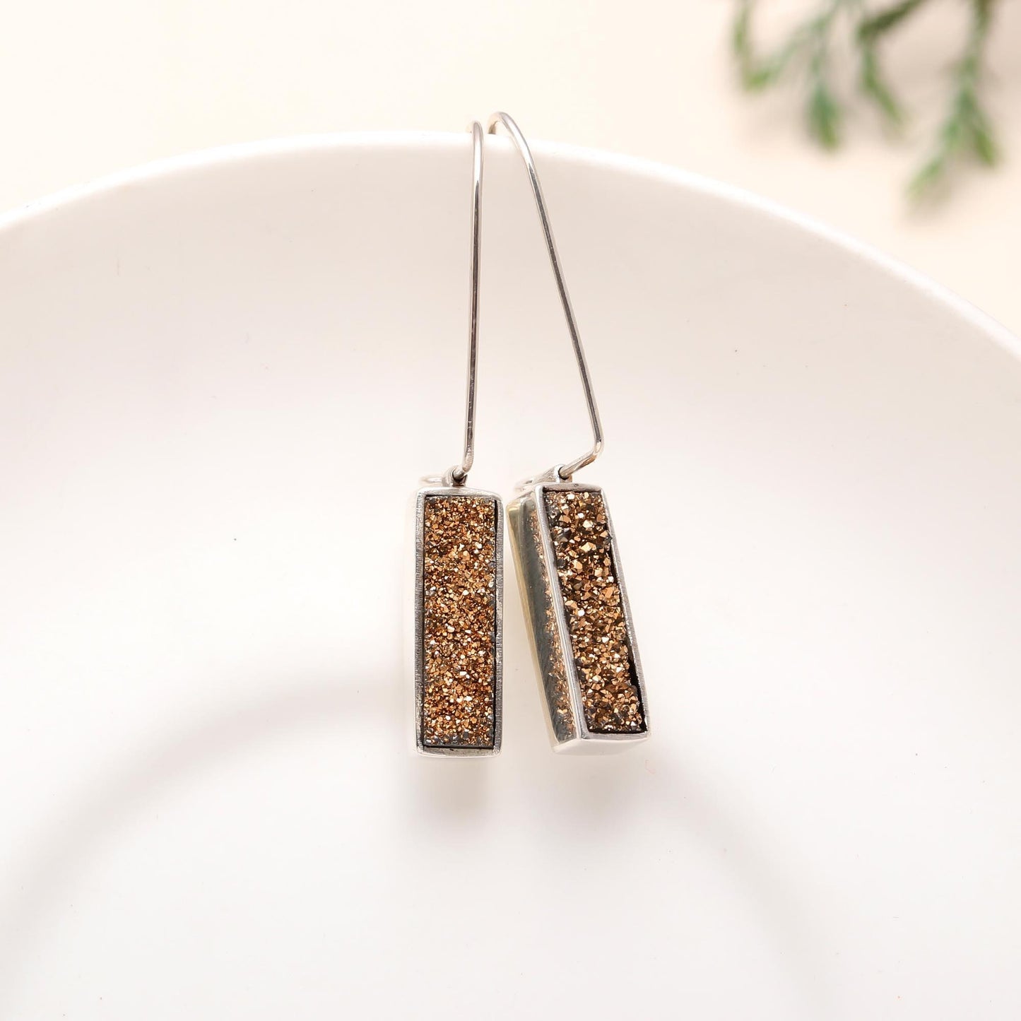 Solid 925 Sterling Silver Titanium Gold Drusy  Earring in Rectangle Shape Drusy, Birthday, Anniversary, Women, Girls, Simple / Gift for Her