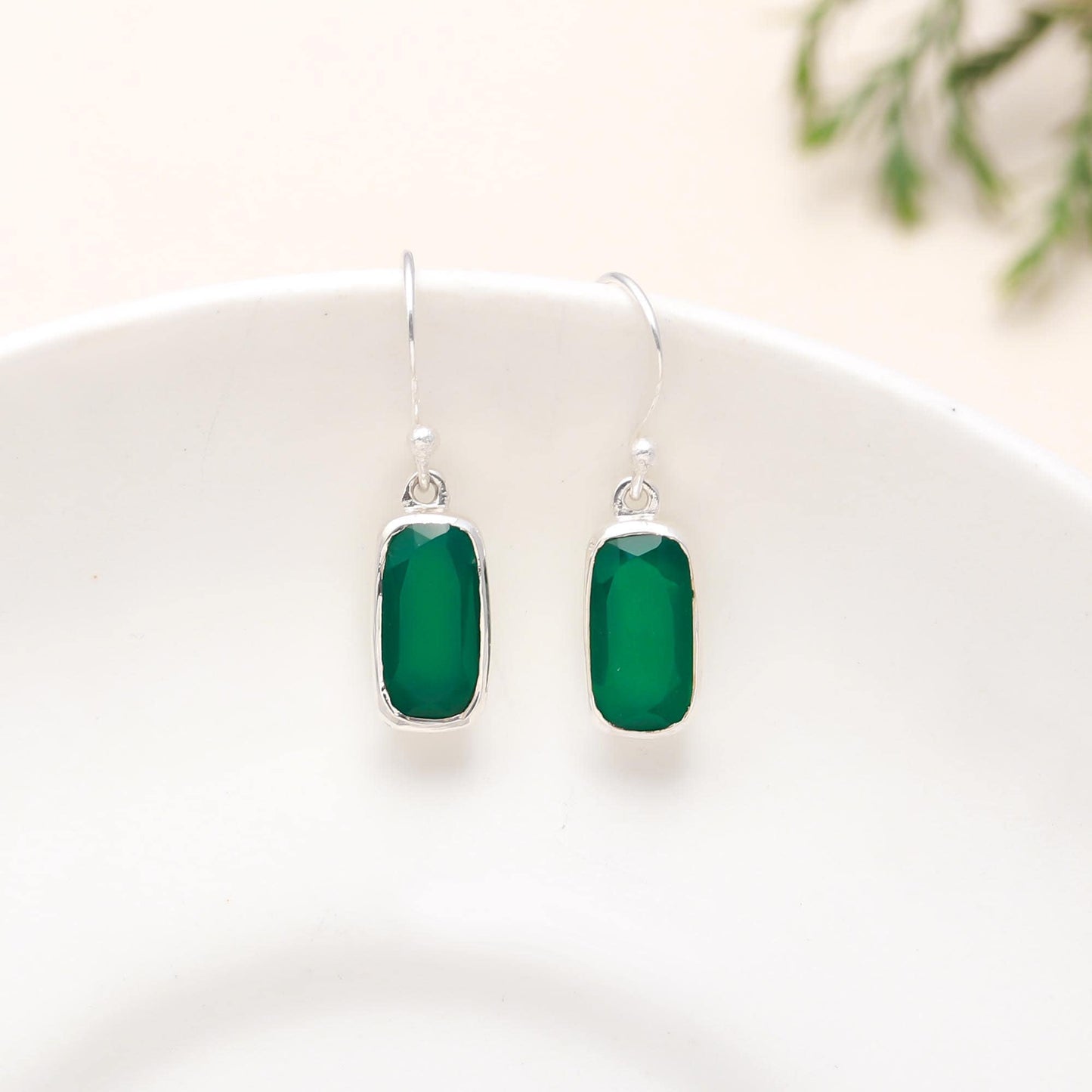 Solid 925 Sterling Silver Green Onyx Emerald Earring with Dangle Earwire. Handmade, Wedding /Anniversary & Birthday Gift for her. Woman/Girl