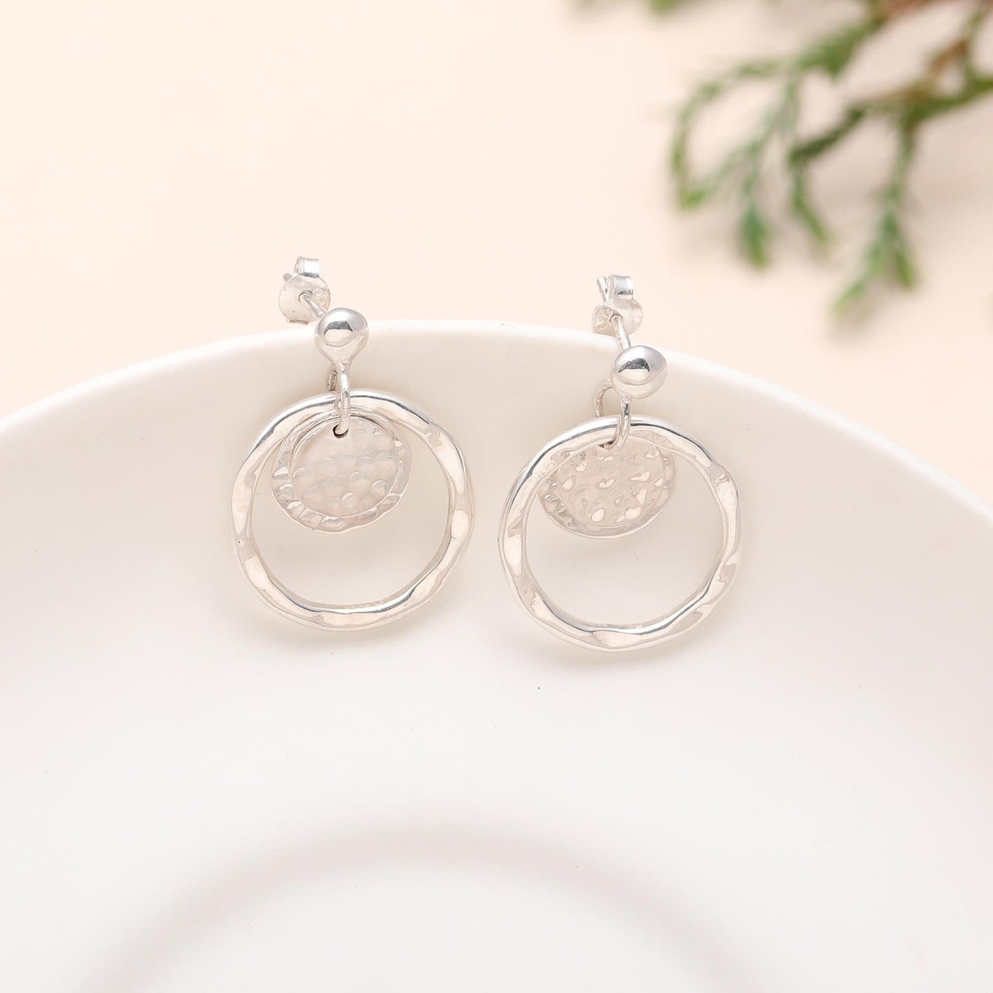 Solid 925 Sterling Silver Handmade Geometric circle Earring in Hammered Texture Stud Earring Wedding /Anniversary & Birthday Gift for her.
