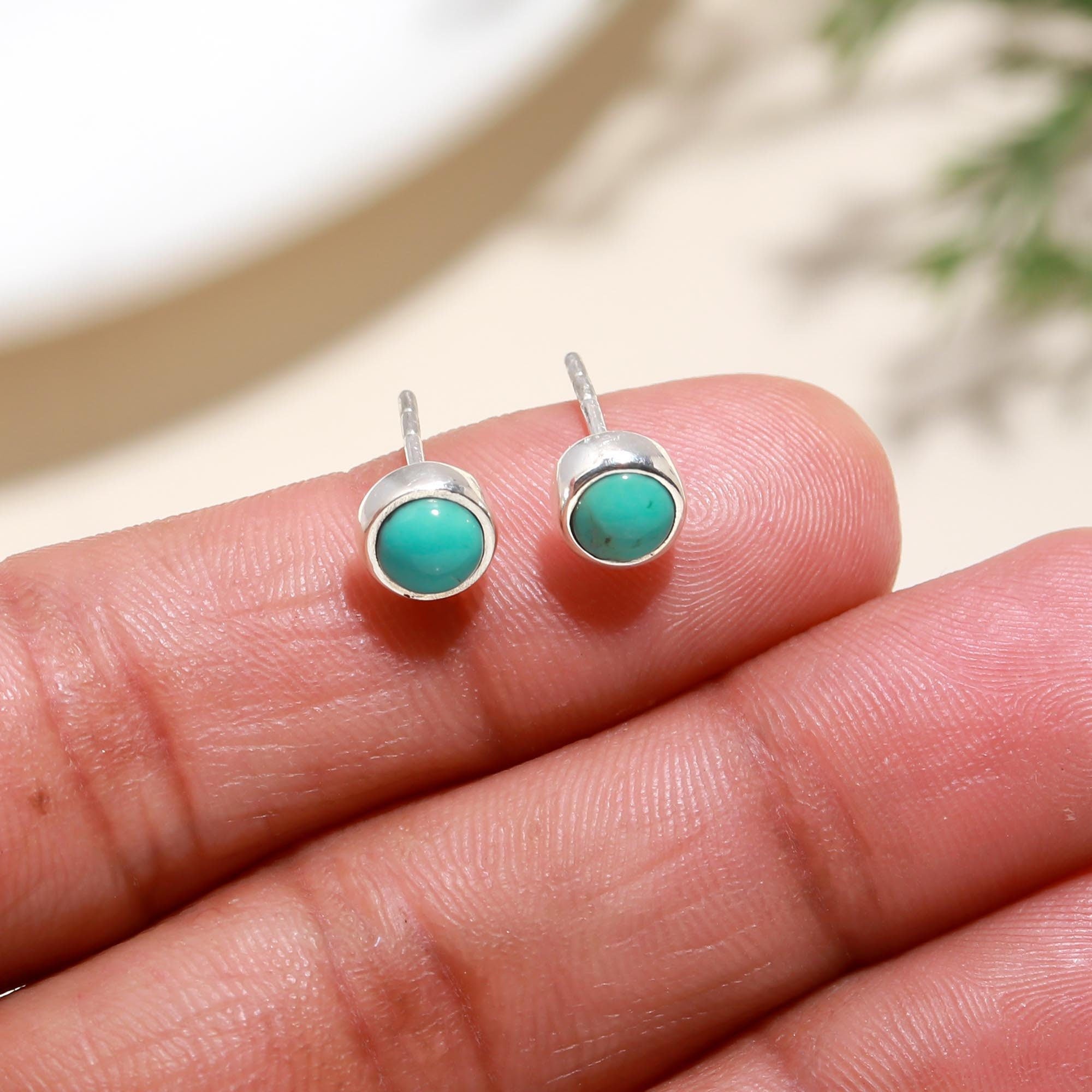 925 Sterling Silver Boho  Genuine Turquoise Stud Earring with Pushbacks