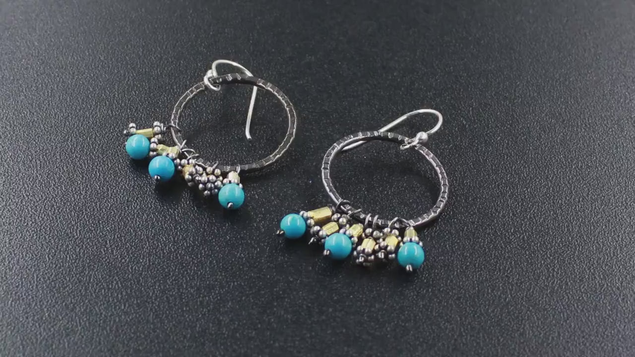 Solid 925 Sterling Silver Turquoise Beads Black Rhodium Earrings